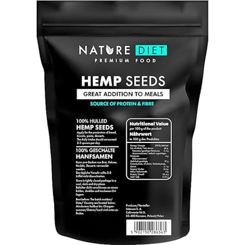 Kanapių sėklos 1000 g | Nuluptos | Be glitimo ir veganiškos | Turtingos baltymais ir skaidulomis | Omega 3 ir 6 šaltinis | Supermaistas kasdienei mitybai | Nature Diet