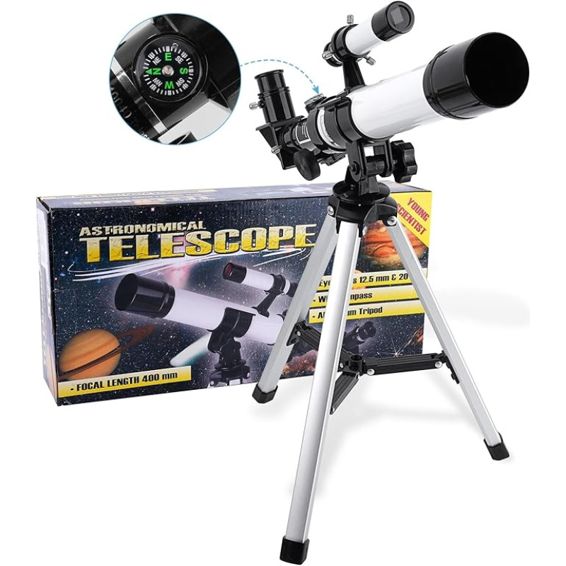 Teleskopas vaikams pradedantiesiems suaugusiems 40/400 mm astronominis teleskopas refraktorius su ieškikliu, kompasu ir trikoju