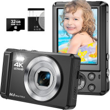Skaitmeninis fotoaparatas, 4K 64 MP kompaktiškas fotoaparatas su 32 GB kortele 16X skaitmeninis priartinimas 2,4 colių didelis ekranas Skaitmeninis fotoaparatas vaikams pradedantiesiems paaugliams (juodas)