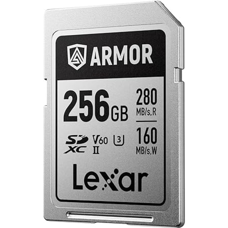 Lexar Armor Silver PRO SD kortelė 256GB UHS-II SD atminties kortelė Nerūdijančio plieno C10 U3 V60 6K UHD vaizdo įrašas Iki 280MB/s Skaitymas 160MB/s Įrašymas SDXC kortelė DSLR/Fotoaparatas/Fotografas/Video operatorius