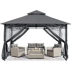 ABCCANOPY Gazebos with Net for Patio Double Roof Soft Canopy Garden Backyard Gazebo for Shade and Rain 3x3.6m (Grey)