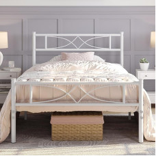 Yaheetech Metal Bed 90 x 200 cm Bed Frame with High Headboard Guest Bed with Slatted Frame for Bedroom Guest Room Lots of Storage Space Under Bed White
