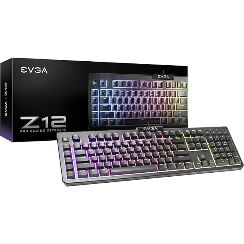 EVGA Z12 RGB žaidimų klaviatūra, RGB apšviesta LED, 5 programuojami makro klavišai, specialūs medijos klavišai, atspari vandeniui, JAV išdėstymas 834-W0-12US-KR