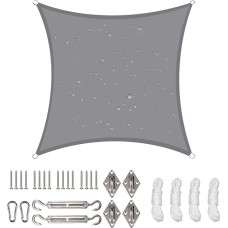 NAKIHOUSE Vandeniui atspari saulės atspalvio burė su virvės tvirtinimo rinkiniais, 12 x 12 pėdų, kvadratinė saulės burė su 98 % UV spindulių bloku, skirta sodo terasai (šviesiai pilka)