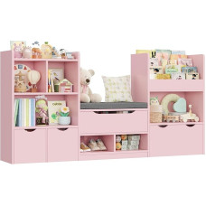 FOREHILL 183 cm pločio vaikų lentyna su suoliuku, vaikų kambario baldai su 3 dėžėmis žaislams laikyti, 3 lygių vaikų knygų spinta, vaikų kambario lentyna, skaitymo kampelis 183,5 x 94,5 x