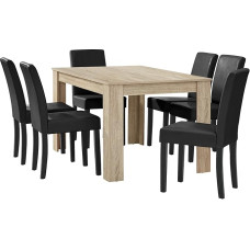 [en.casa] Dining Table Light Oak with 6 Chairs Black Faux Leather Upholstered 140 x 90 cm