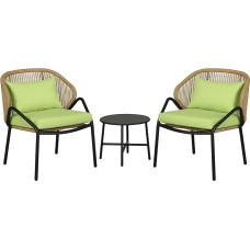 Outsunny 3-Piece Rattan Garden Furniture Set, Garden Set with 2 Garden Chairs, Side Table, Seating Set with Seat & Back Cushions, for Balcony, Patio, Steel, Green
