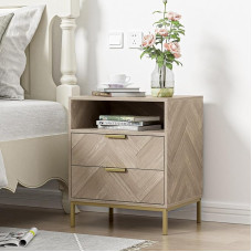 Skokliz Bedside Table Modern Wooden Bedside Table with 2 Drawers and Open Shelf, Small Side Table with Golden Frame for Bedroom Living Room 50.2 x 39.8 x 60.2 cm