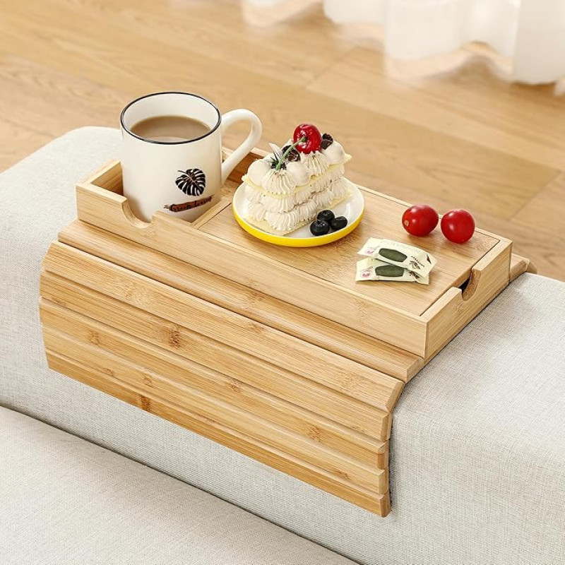 ROCDEER Sofos porankio padėklas Bambukas Didelis sofos gėrimų laikiklis su paslėpta saugykla Sofos porankio padėklas Nešiojamas apsaugotas nuo išsiliejimo gėrimų užkandžių nuotolinio valdymo pulto laikiklis