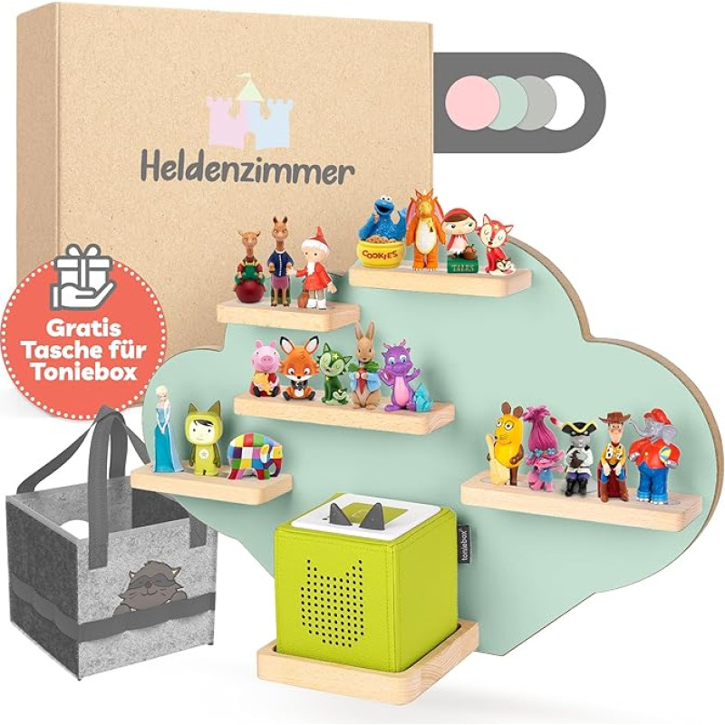 Heldenzimmer - Tonie Regal Cloud Green [nemokamas krepšys] - Toniebox lentynai iki 20 figūrėlių - mergaitėms ir berniukams - puiki Tonio laikymo vieta vaikų kambaryje