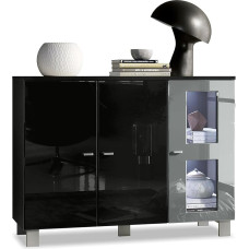 Vladon Denjo Sideboard, Made in Germany, Chest of Drawers with 3 Doors, Black Matt / Black High Gloss / Grey High Gloss, Includes LED Lighting (107 x 81 x 35 cm)
