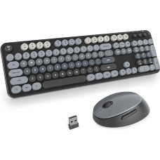 SOLIDEE belaidės klaviatūros ir pelės derinys, retro rašomosios mašinėlės klaviatūra, 2,4 GHz apvali klaviatūra su skaitmenine klaviatūra, 104 klavišų ergonomiška (amerikietiška QWERTY) (juodai pilkas gradientas)