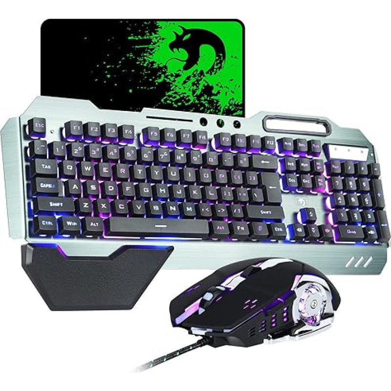 Žaidimų klaviatūra ir pelė Combo Pilka metalo lydinio 16 LED RGB apšvietimas Laidinė USB klaviatūra su riešo atrama + 3200DPI LED kvėpuojanti apšviesta pelė