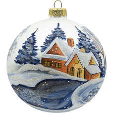 VITBIS - Glass Christmas Bauble 12 cm, Mouth-Blown, Hand-Decorated and Handmade Christmas Tree Decoration - White Colour with a Winter Landscape