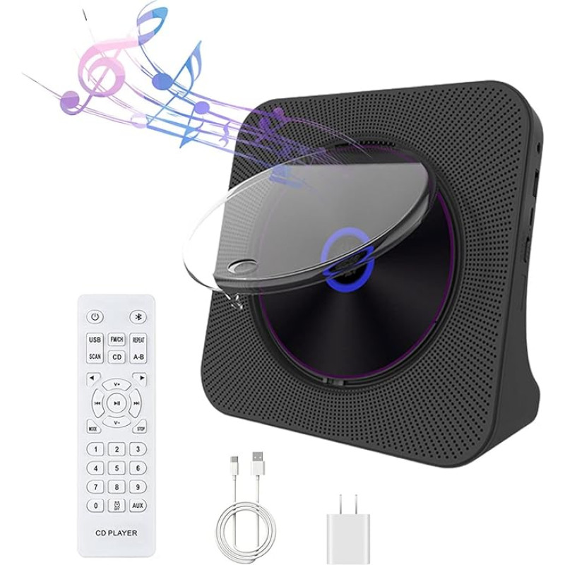 Portable CD Player, Personal CD Player, Home Audio with Bluetooth Remote Control, FM Radio, Built-in HiFi Speaker, LCD Display, MP3 Headphones, Jack, AUX Input Output