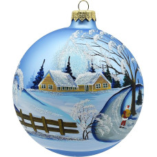 VITBIS - Glass Christmas Bauble 12 cm, Mouth-Blown, Hand Decorated and Handmade Christmas Tree Decoration - Matte Light Blue Colour with Winter Landscape Decoration