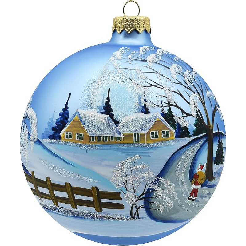 VITBIS - Glass Christmas Bauble 12 cm, Mouth-Blown, Hand Decorated and Handmade Christmas Tree Decoration - Matte Light Blue Colour with Winter Landscape Decoration