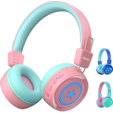 riyo Children's Bluetooth Headphones, LED with MIC Bluetooth Headphones for Children with Colourful LED Lights, Wireless On-Ear Headphones, Max Volume 92 dB Foldable Stereo Headphones (Pink)