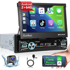 Podofo Android Car Radio 1 DIN with Wireless Carplay Android Car, 2+64G 7 Inch Radio with Retractable Screen Display and Bluetooth/Android Car/RDS/SWC/Mirror Link/USB + Reversing Camera