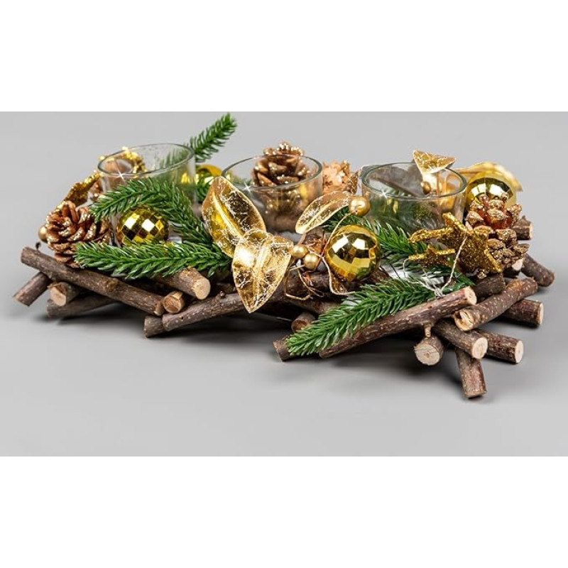 Tea Light Holder 28cm 3 Candle Wooden Branches Decorated with Gold Balls Berries Leaves Stars Leaves Pinecone Christmas Table Decoration