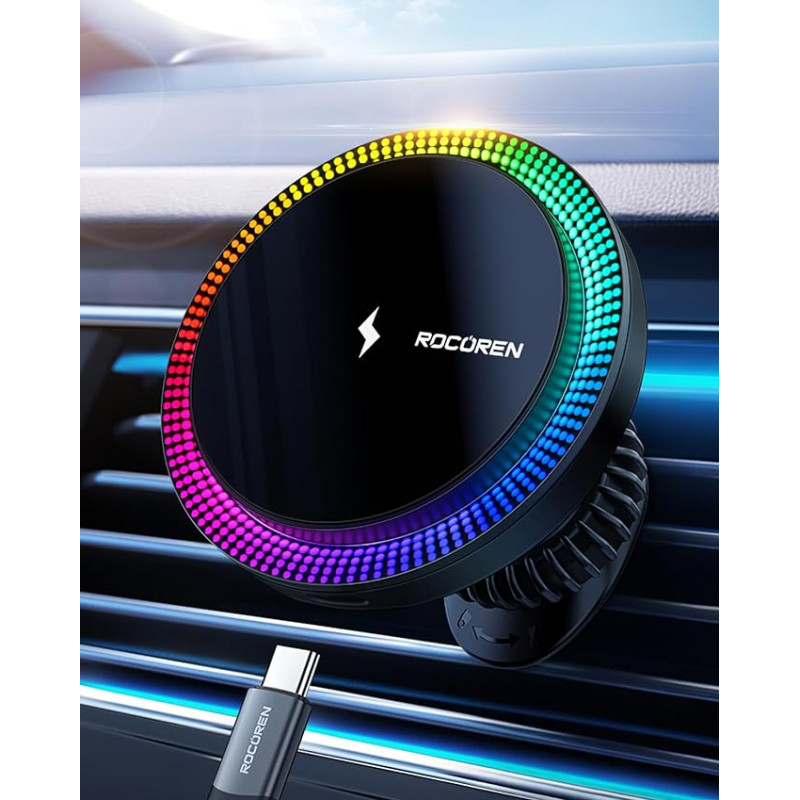 Rocoren For MagSafe Car Mount with Charging Function, 15 W for MagSafe Charger Car Ventilation, Car Mobile Phone Holder, Inductive Quick Charging with RGB Ambient Lighting Car for iPhone 16/15/14/13