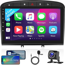 Podofo Car Radio for Peugeot 308/408 2007-2015 with Wireless Carplay Android Car, 8 Core, 4+64G, 9 Inch Touchscreen Car Radio Support Bluetooth 5.0/WiFi/Mirror Link/GPS + Reversing Camera