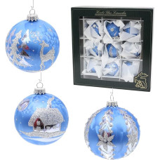 Dekohelden24 KGL03384 Christmas Tree Decorations Set of 9 Glass Baubles in Blue Ice Lacquer Mouth-Blown and Hand-Decorated with Various Mitovens Silver Crowns, Diameter Approx. 8 cm