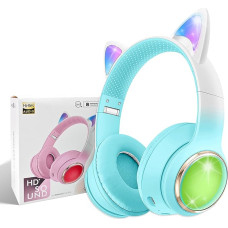 Excellent Wireless Cat Ear Bluetooth Headphones for Children, LED Illuminated and Foldable Stereo Headphones, Supports Microphone/TF Memory Card for Smartphone/iPhone/iPad/Laptop/TV (Green)