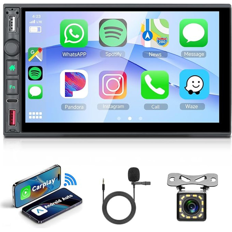 Wireless Apple Carplay Car Radio 2 DIN with Wireless Android Car IOS/Android Mirror Link 7 Inch Touchscreen Car Radio with Bluetooth FM/AM/RDS Radio USB/AUX/TF/Type C Steering Wheel Control Reversing