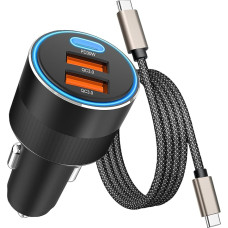 66W 3-Port Cigarette Lighter USB C Adapter Car Charger PD30W + Dual QC 3.0 18W Car Charger for Cigarette Lighter Quick Charge with 1M USB C Charging Cable 3A