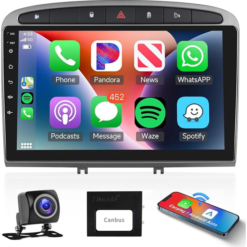 Podofo Apple Carplay Car Radio for Peugeot 308/408 2007-2015, Android Car GPS Navigation 9 Inch HD Touchscreen WiFi Bluetooth FM RDS Radio HiFi USB Car Radio + AHD Reversing Camera