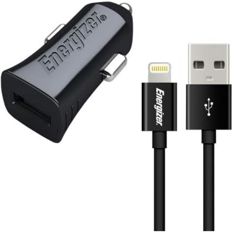 Energizer DCA1ACLB3 1 USB 1A Car Charger with Lightning Cable - Fast Charge and Sync - Black