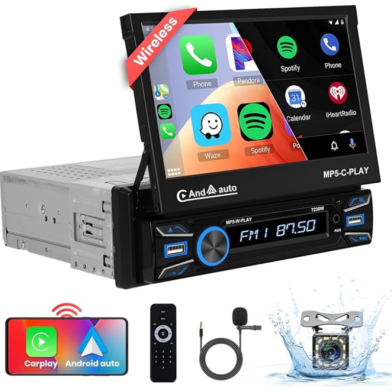 Podofo Wireless Carplay/Android Car Radio 1Din with 7 Inch Retractable Display Automatic Screen Bluetooth 5.1 Wireless Android Car FM 2USB/MIC/Type C/with Reversing Camera Steering Wheel Control