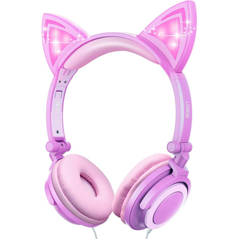 LOBKIN Kids Cat Ears LED Light Wired Headphones with 85dB Volume Limited Hearing Protection Cute Headphones for Girls