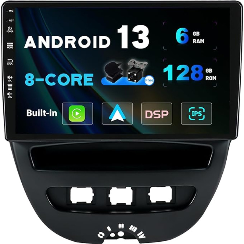 SXAUTO - 6G + 128G - Android 12 IPS Car Radio for Toyota Aygo/Peugeot 107/Citroen C1 (2005-2014) - Built-in Carplay/Android Car - Camera + Mic - DAB Steering Wheel Control Fast-Boot 360-CAM -2 DIN