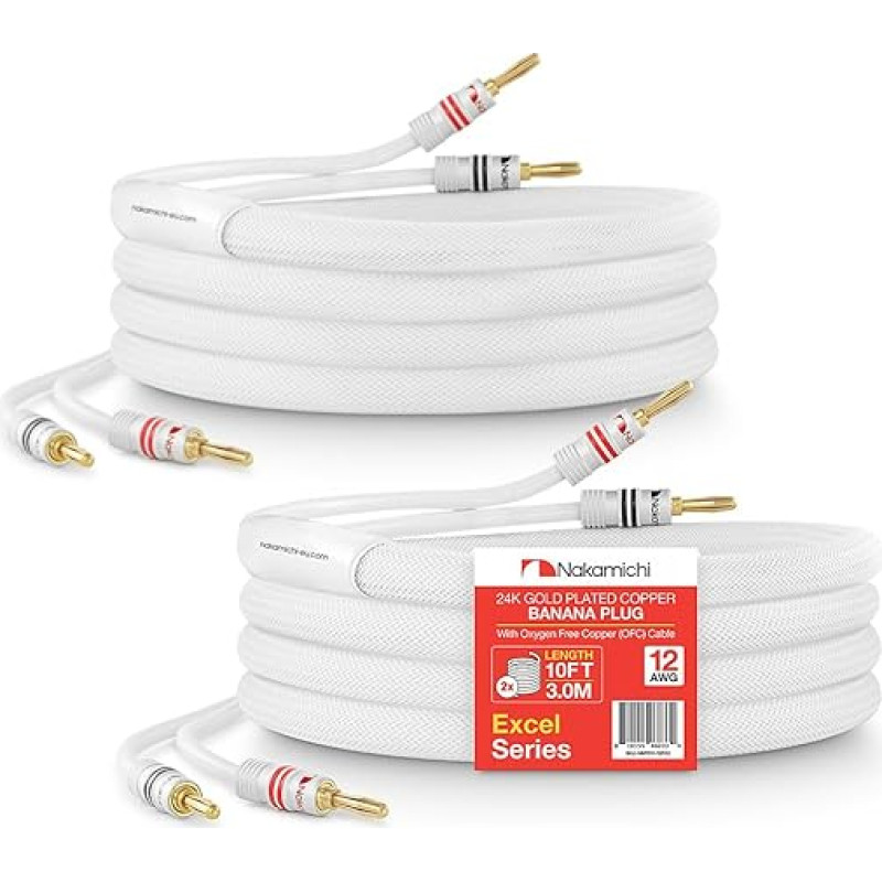 Nakamichi 24K Gold Plated Banana Plug with Speaker Cable, 99.9% Oxygen Free Copper (OFC), Heavy Duty Braided Cable, CL2 Certified - White (12AWG/10FT/3.0M) Pack of 2