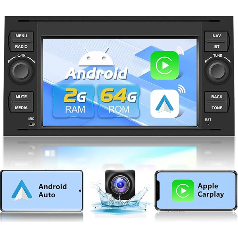 Podofo Car Radio for Ford Focus/C-max/S-max/Galaxy/Fusion/Fiesta/Mondeo/Kuga/Transit Connect with Wireless Carplay Android Car, 7 Inch Touchscreen Radio with Bluetooth, WiFi, GPS + Reversing Camera