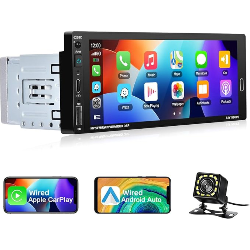 1 DIN Car Radio with Wired CarPlay/Android Car/Mirror Link, podofo 6.86 Inch Bluetooth Multimedia Player with Voice Control/FM/TF/USB/AUX/SWC + Remote Control + Reversing Camera