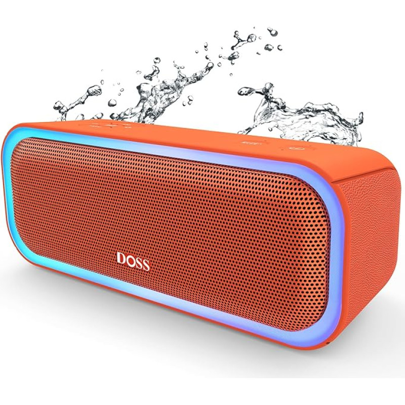 DOSS SoundBox Pro Bluetooth Speaker, 20 W Stereo Sound, Extra Bass, IPX6 Waterproof, 20 Hours Battery, Colourful Light, Bluetooth Box for Outdoors, Beach, Home, Garden, Orange