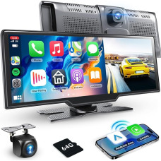 Podofo Portable Wireless Carplay Screen with 2K Dash Cam Front and HD Rear View Camera, 9.3 Inch Wireless Car Play Android Car Touch Screen Display with Bluetooth/GPS/Siri/FM/AUX/64G TF Card