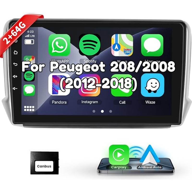 Podofo Carplay Car Radio for Peugeot 208/2008 2012-2018, Android 2G+64G HiFi, 10 Inch Touchscreen Android Car GPS Navigation WiFi Bluetooth FM RDS Radio USB Car Stereo Player