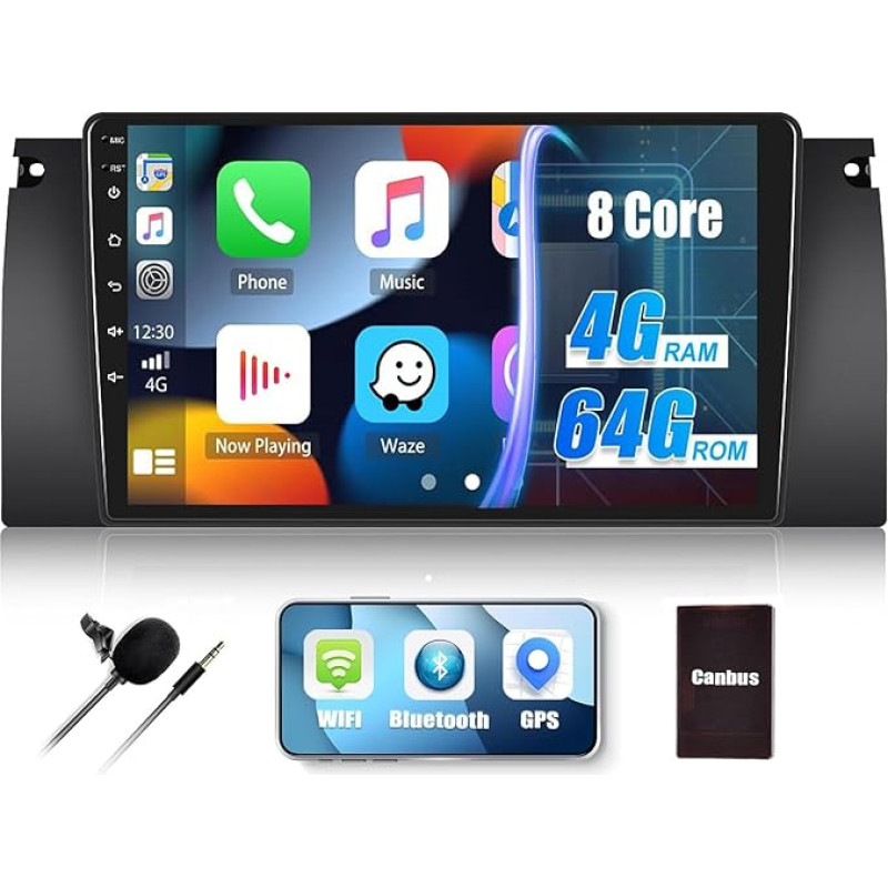 [4G + 64G] CAMECHO Android 13 Car Radio for BMW 5 E39 E53 M5 X5 (1996-2007) with Carplay Android Car Navigation System, 8 Core, Double DIN Car Radio with 9 Inch Screen, Bluetooth FM/RDS Mirror Link