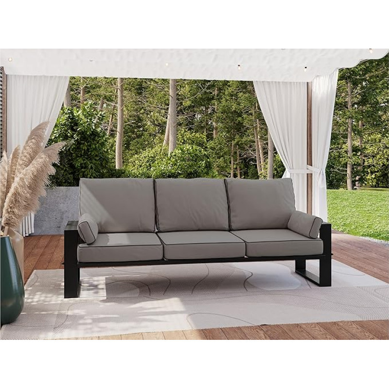 MKS MEBLE ELBA Sodo sofa 3 sėdimos vietos su pagalvėlėmis, atspari atmosferos poveikiui, sodo suoliukas, poilsio sofa, sodo baldai, Sofa Lounge, tamsiai pilkas metalas, šviesiai pilka, Sofa S3