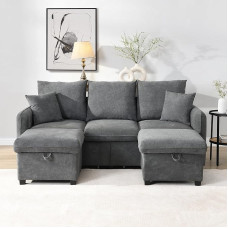 Kebnor Multifunctional Corner Sofa U-Shape Three-Seater Upholstered Sofa with Storage Function - Includes Drawers + Stool with Storage Compartment, Modular Dismountable Sofa Set with Sleep Function