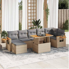 Rantry Gartensofa-Set 8-teilig mit Kissen in Beige Polyrattan Akazie, Set Schlafsofa Wohnzimmer Couch, modernes Sofaset für den Außenbereich, Gartenmöbel Modell 3327629