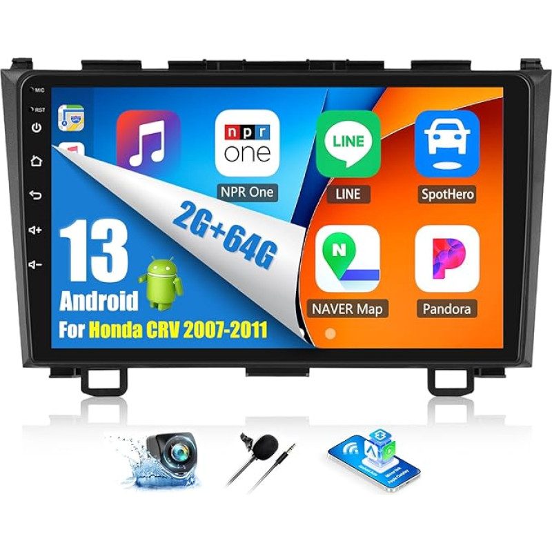 OiLiehu 2G + 64G Android 13 Dvigubas DIN radijo imtuvas Carplay Android automobilinis radijas su 9 colių ekranu Honda CRV 2007-2011 Palaiko WiFi/GPS/Bluetooth/FM RDS/Mirror Link/EQ/SWC/Rear View Camera