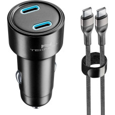 Teknoll - Fast Charger 65W - 2 Ports: 1 x USB-C 20 W PD + 1 x USB-C 45 W PD - 1 m USB-C Cable Included - Active LED - Safe Car Charging - Suitable for All Smartphones
