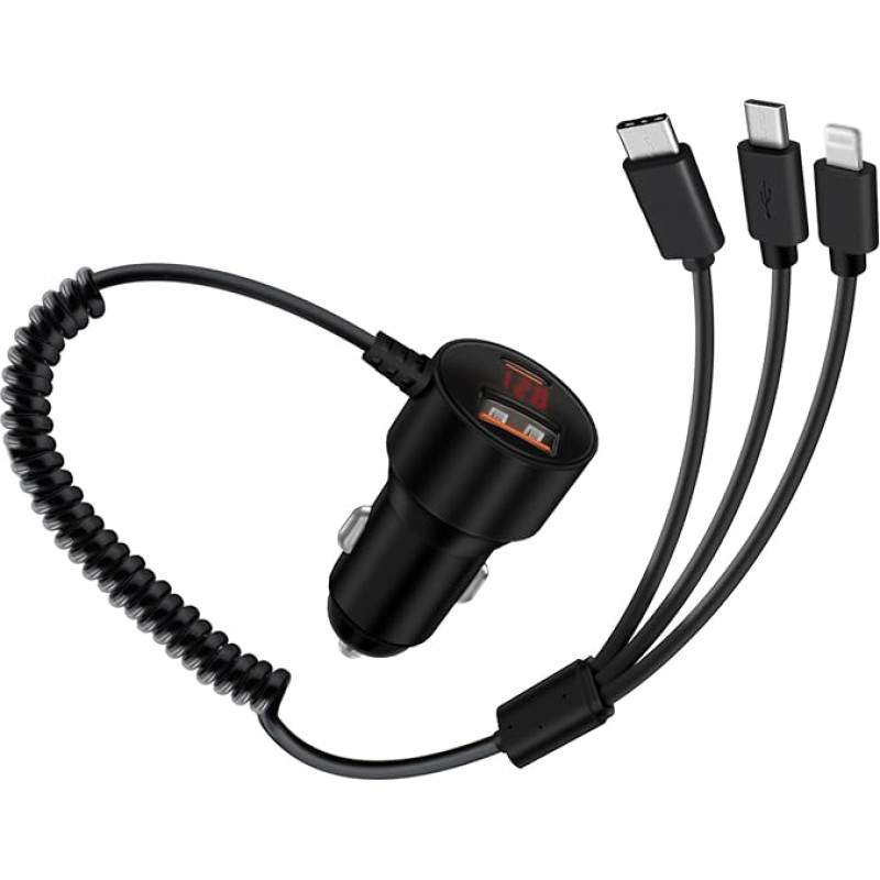 HuaLiSiJi USB C kabelis automobilinis cigarečių žiebtuvėlio 230 W PD 3.0 automobilinis įkroviklis USB C spiralinis kabelis 3 in 1 su C tipo universaliu įkrovimo kabeliu mobiliesiems telefonams, planšetiniams kompiuteriams, ausinėms, laikrodžiams (1 m)
