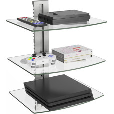 WALI CS303S 3 pakopų skaidraus grūdinto stiklo sieninė lentyna DVD grotuvams, kabelinėms dėžutėms, žaidimų konsolėms, TV priedams, sidabrinė