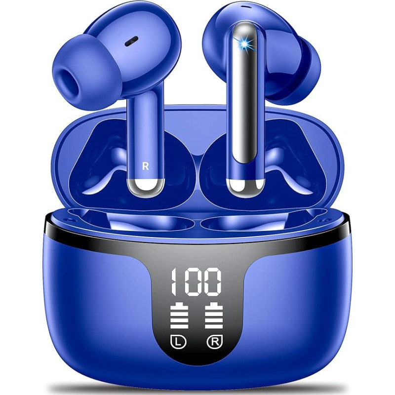 Belaidės ausinės Bluetooth 5.3 Kopfhörer in Ear mit 4 ENC Noise Cancelling Mic 2025 New Ear Buds 42h Spielzeit HiFi Stereo Deep Bass Ohrhörer IP6 Wasserdicht LED Display Bluetooth ausinės USB-C Blau